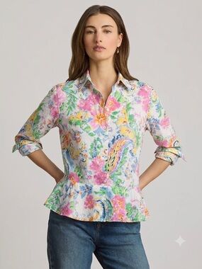 RALPH LAUREN Women's Cotton Floral Multicolor Painted Long Sleeve Shirt - Sz 4